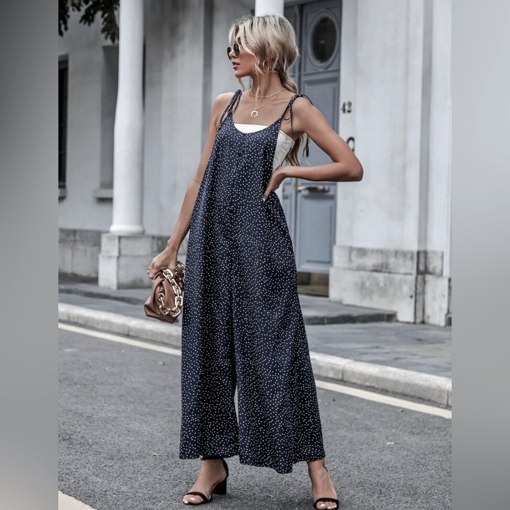 Navy blue polka dot toe shoulder jumpsuit - size M (6)